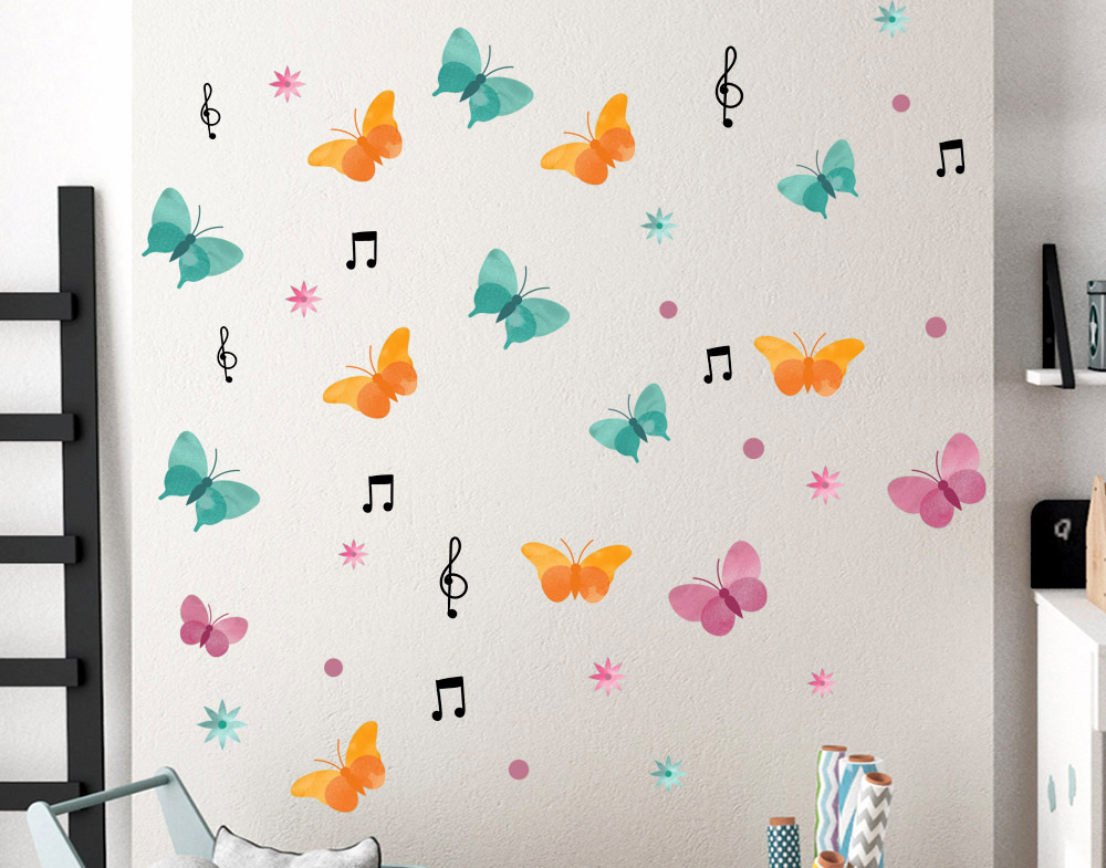 Adesivi murali farfalle con note musicali decorazione cameretta