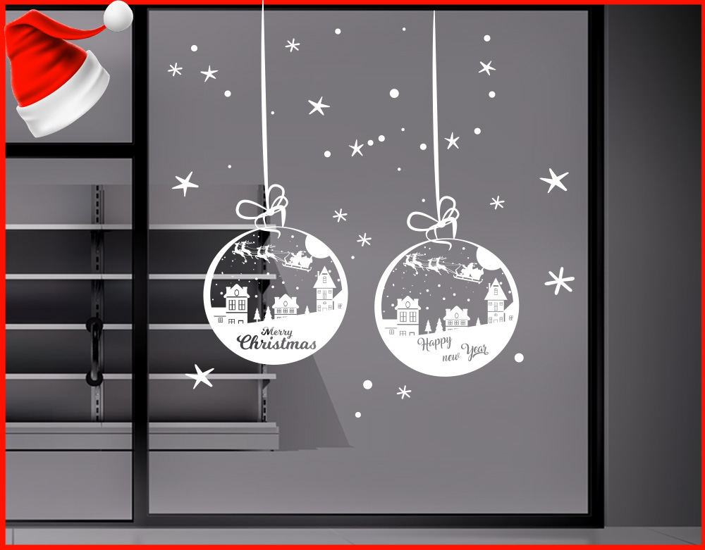 Vetrofanie natale palline con paesaggio magico